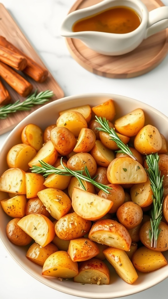 A bowl of golden air-fried baby potatoes garnished with rosemary.
