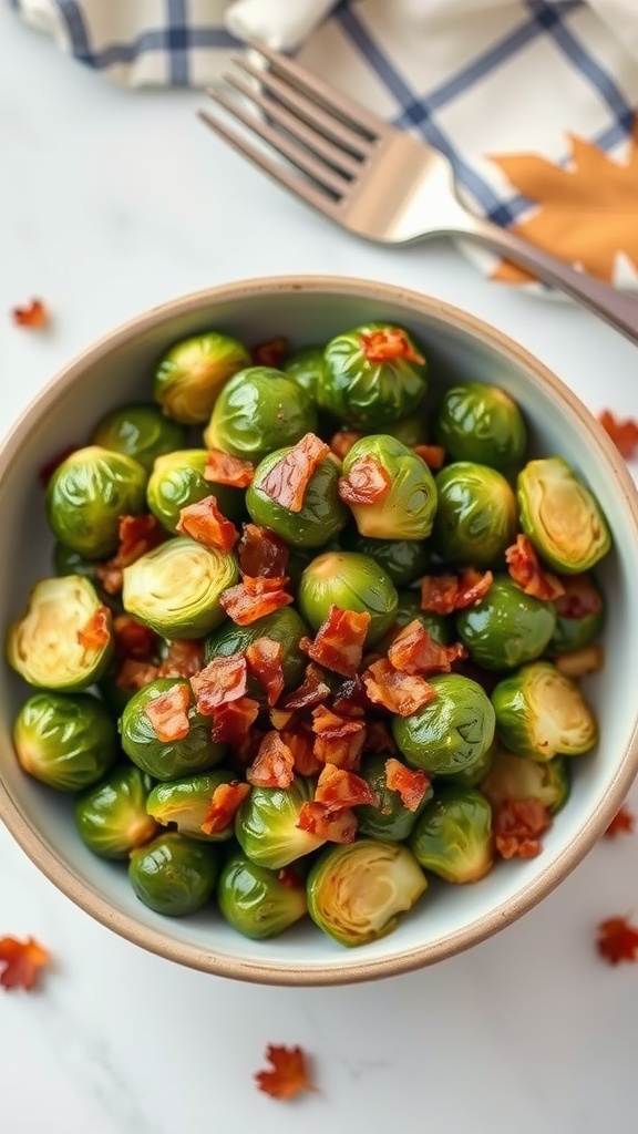 Bowl of Brussels sprouts with crispy bacon pieces on top.