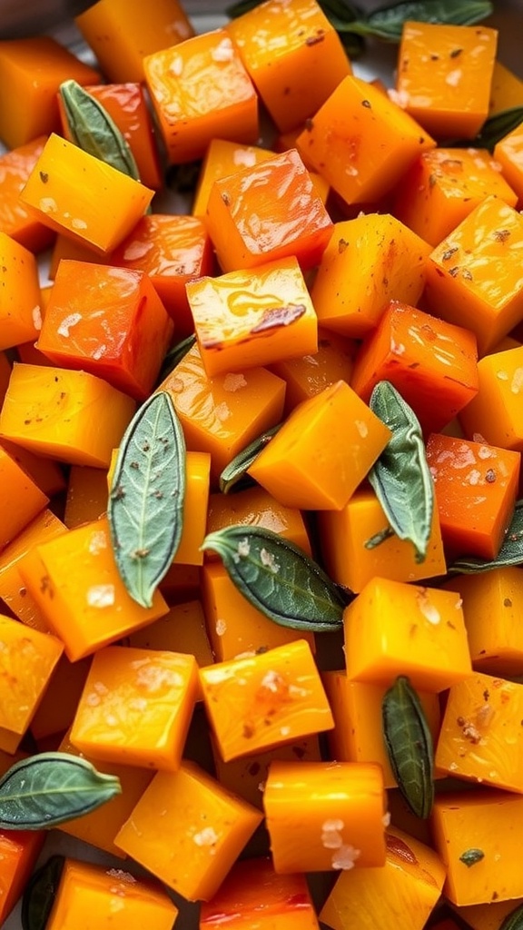 Air Fryer Butternut Squash Bites served with sage leaves