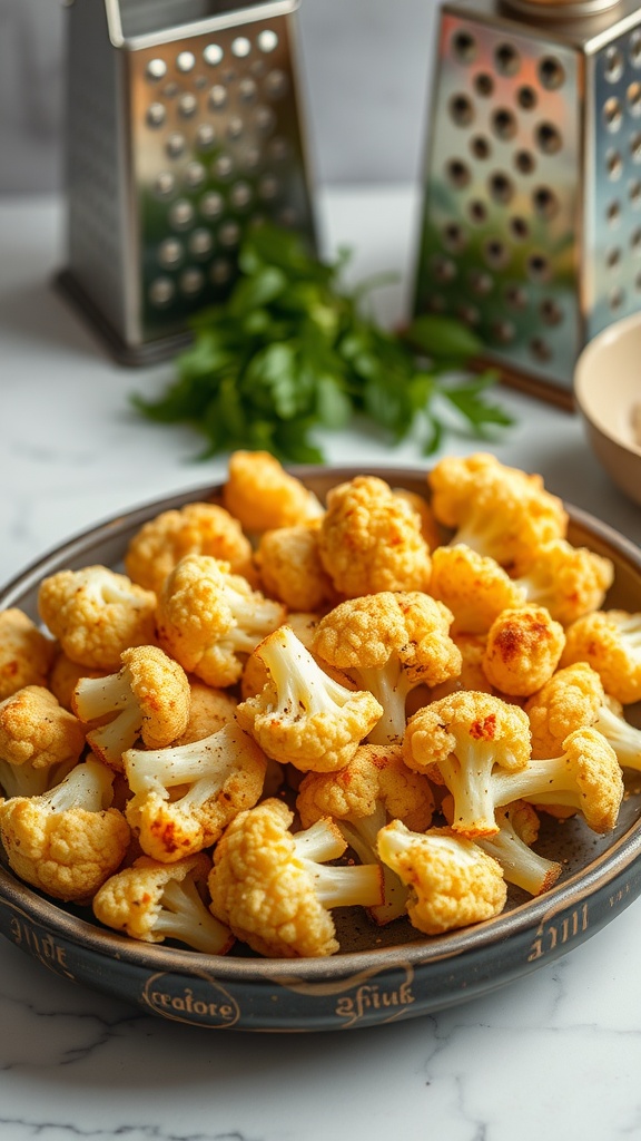Bowl of air fryer cauliflower florets with a golden Parmesan crust, garnished with parsley.