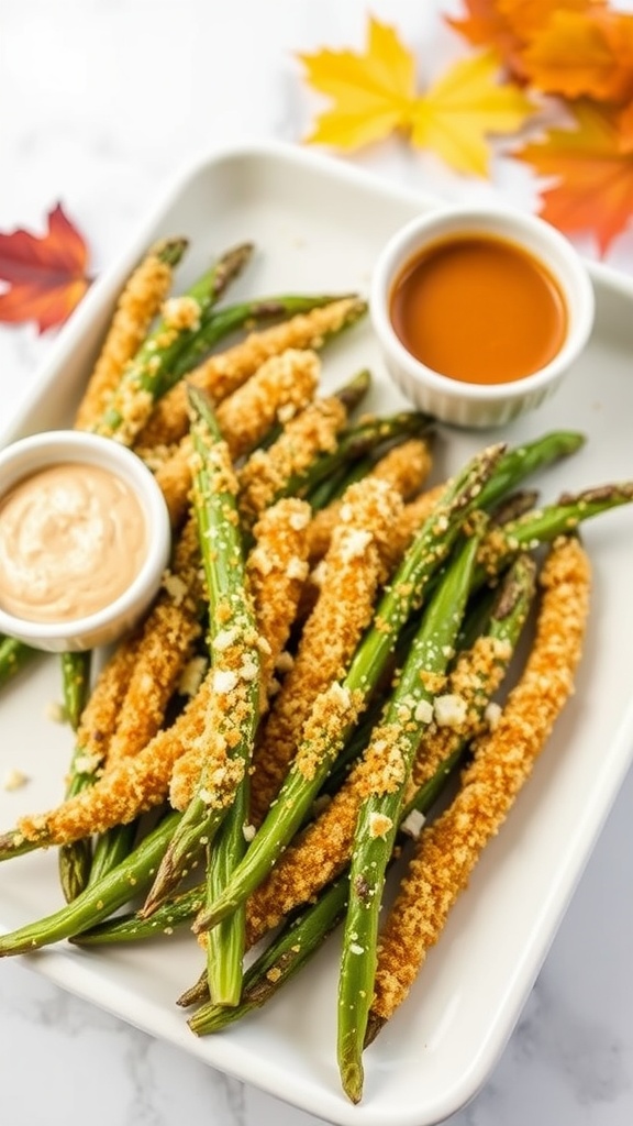 Crispy air fryer green bean fries served with dipping sauces.