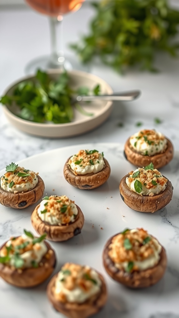 Delicious air fryer stuffed mushrooms topped with herbs and cheese.