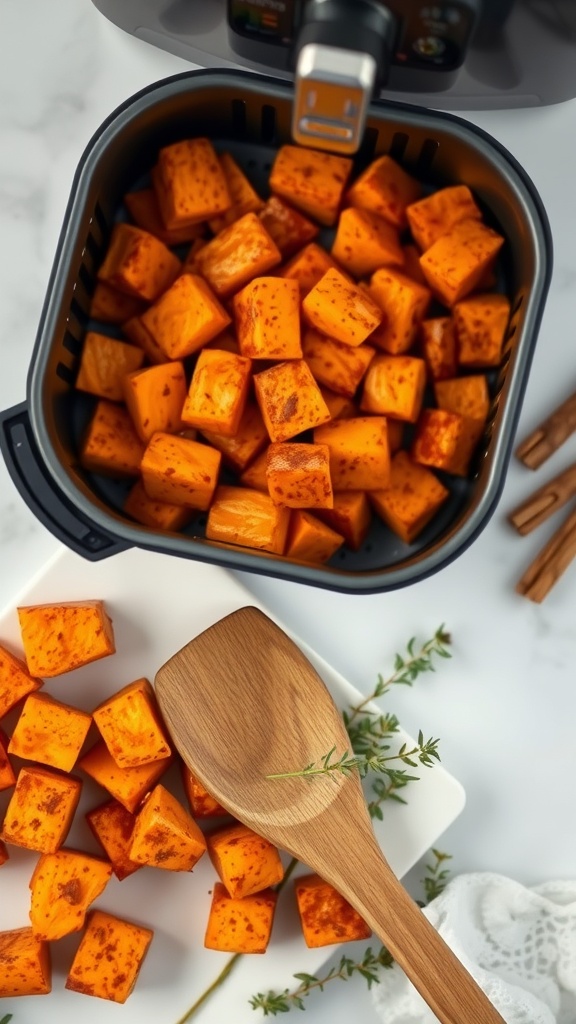 Air fryer sweet potato cubes prepared for Thanksgiving