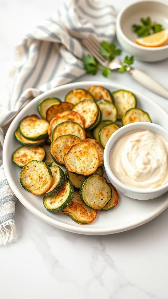 Air fryer zucchini chips served with a creamy dip.