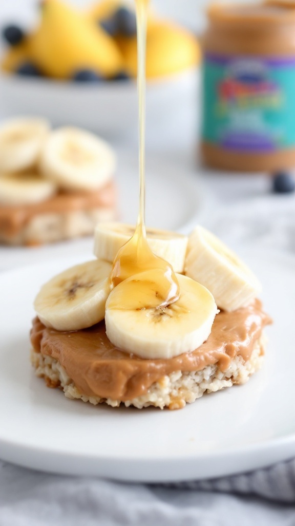Almond butter spread on rice cakes topped with banana slices and a drizzle of honey.
