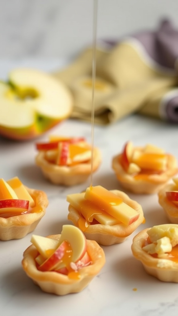 Apple and cheddar puff pastry bites ready for baking on a marble surface.