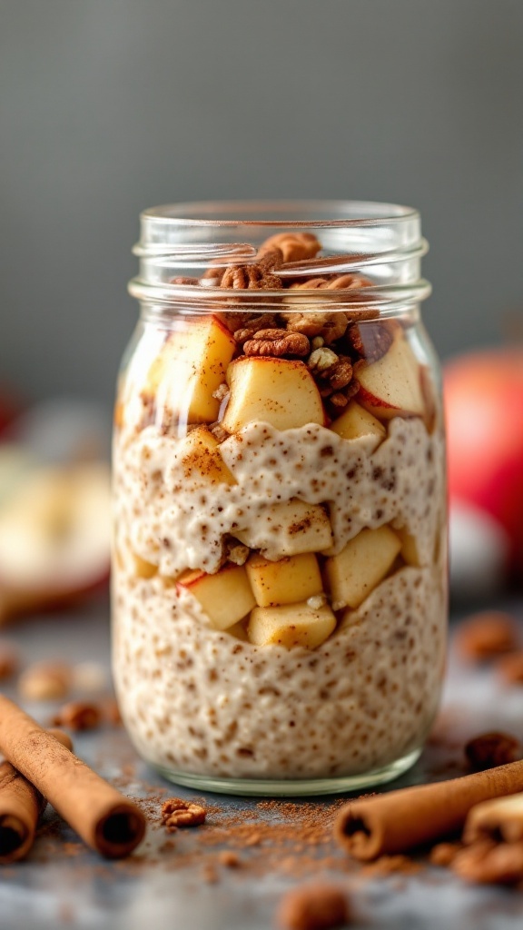 A jar of Apple Cinnamon Overnight Oats topped with diced apples and pecans