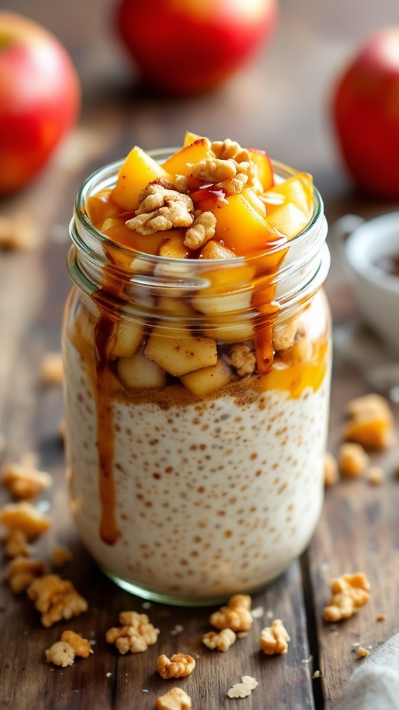 A jar of apple cinnamon overnight oats with diced apples and walnuts on top
