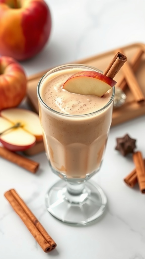 A creamy apple cinnamon smoothie with a slice of apple and a cinnamon stick on top.