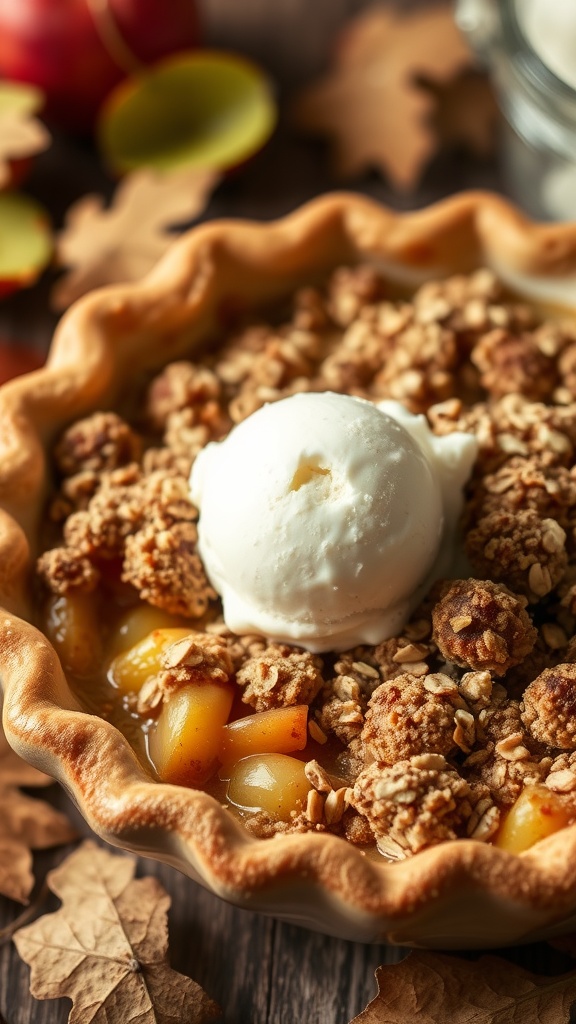 A delicious apple crumble pie topped with a scoop of ice cream.