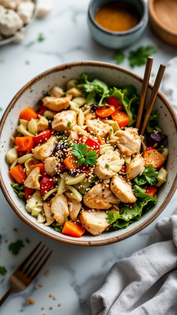 A bowl of Asian-inspired chicken salad with colorful vegetables and sesame dressing.