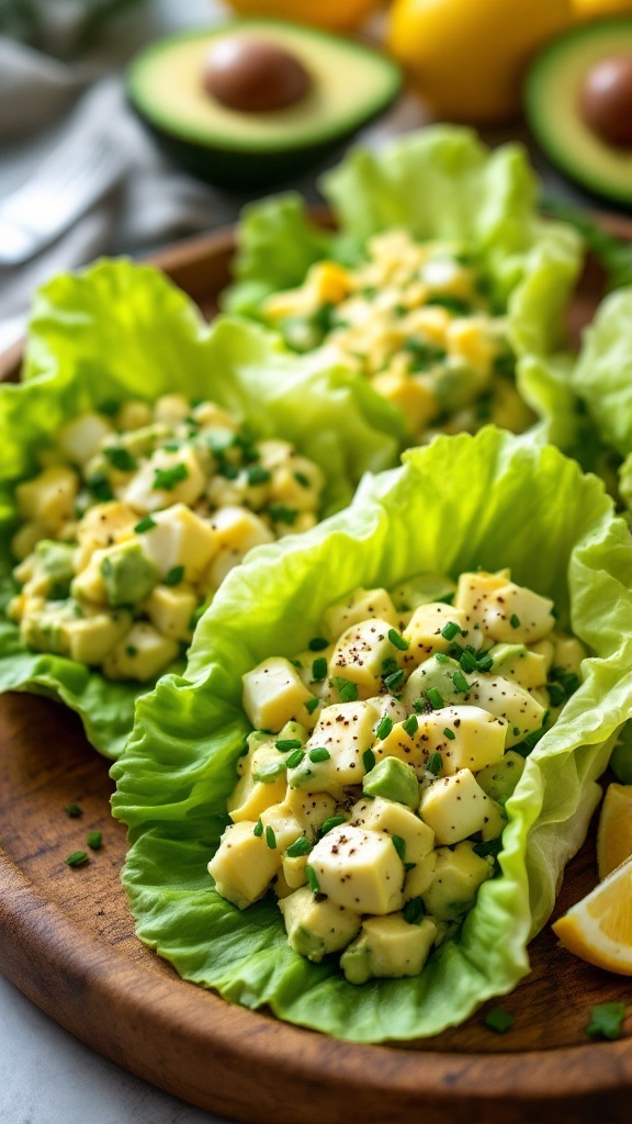 Avocado egg salad lettuce wraps on a wooden board, topped with spices and garnished with lemon.