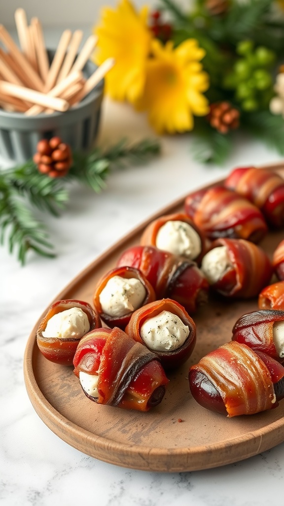 Bacon-wrapped dates stuffed with goat cheese on a platter