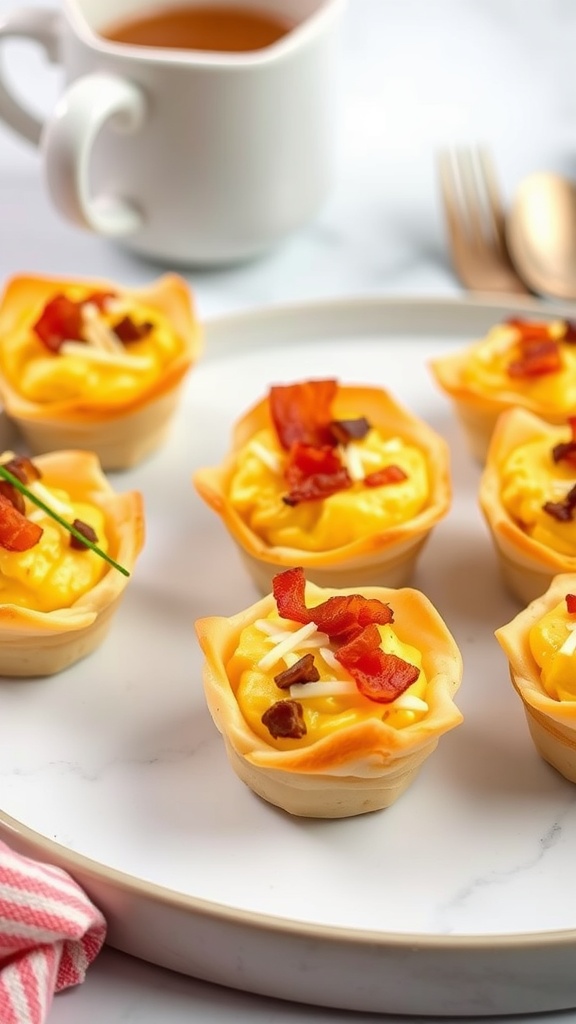 Delicious bacon and egg puff pastry cups on a plate, ready to be enjoyed.