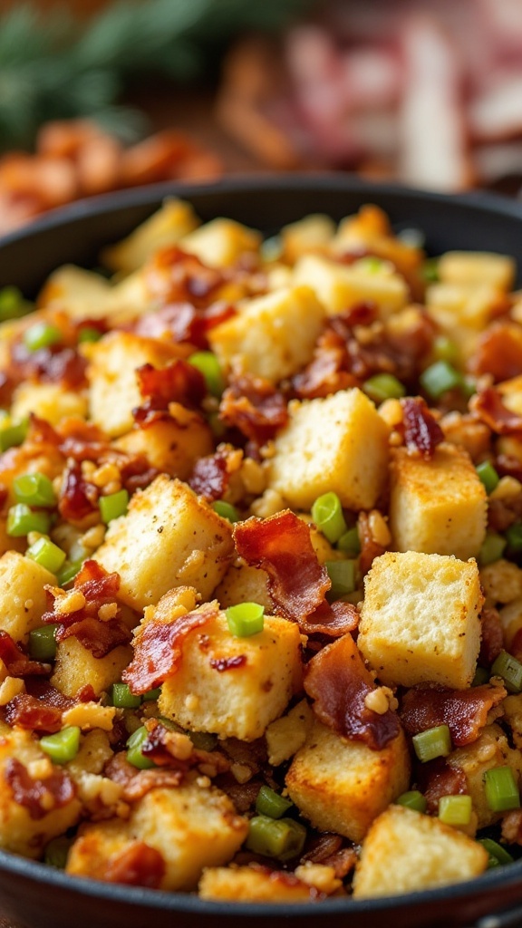 Bacon and Leek Stuffing in a skillet.