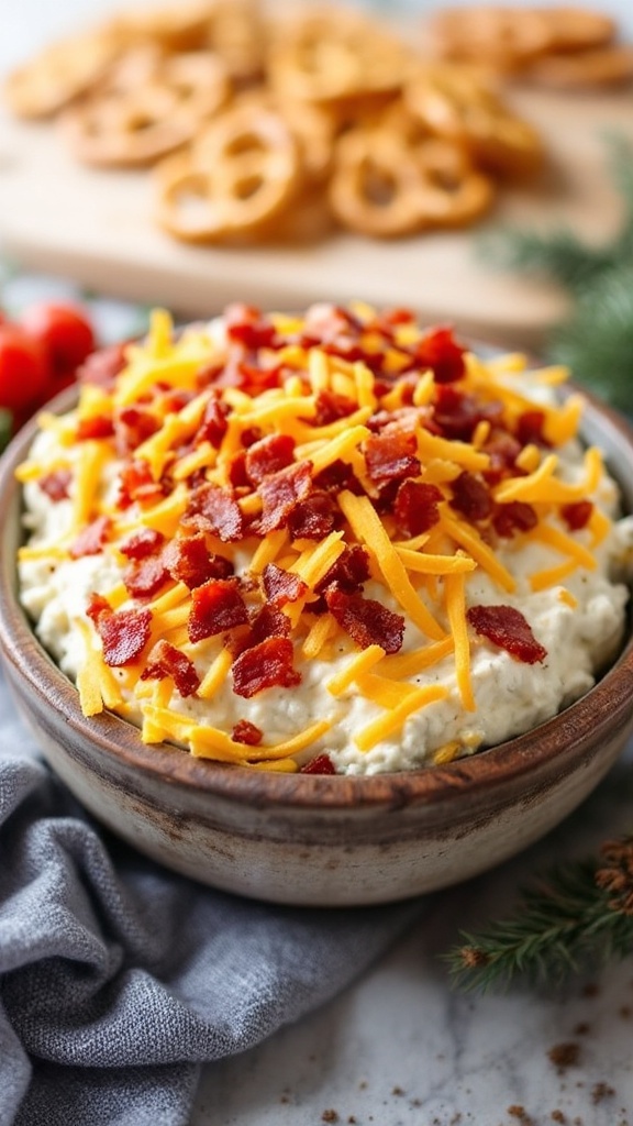 A delicious bowl of Bacon Cheddar Ranch Dip topped with crispy bacon and cheddar cheese, served with pretzels.