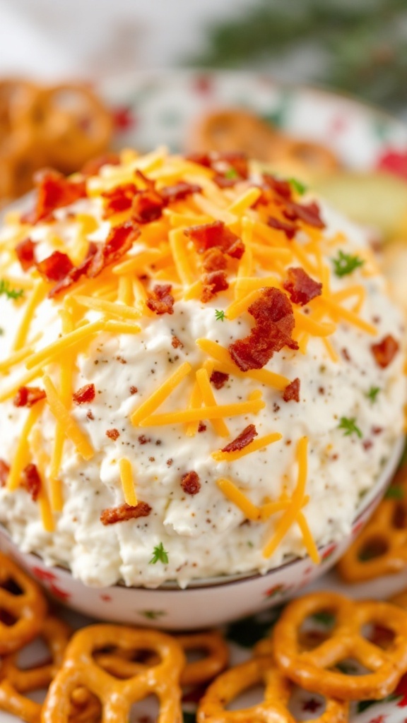 A delicious bacon ranch cheese ball topped with cheddar cheese and crumbled bacon, served with pretzels.