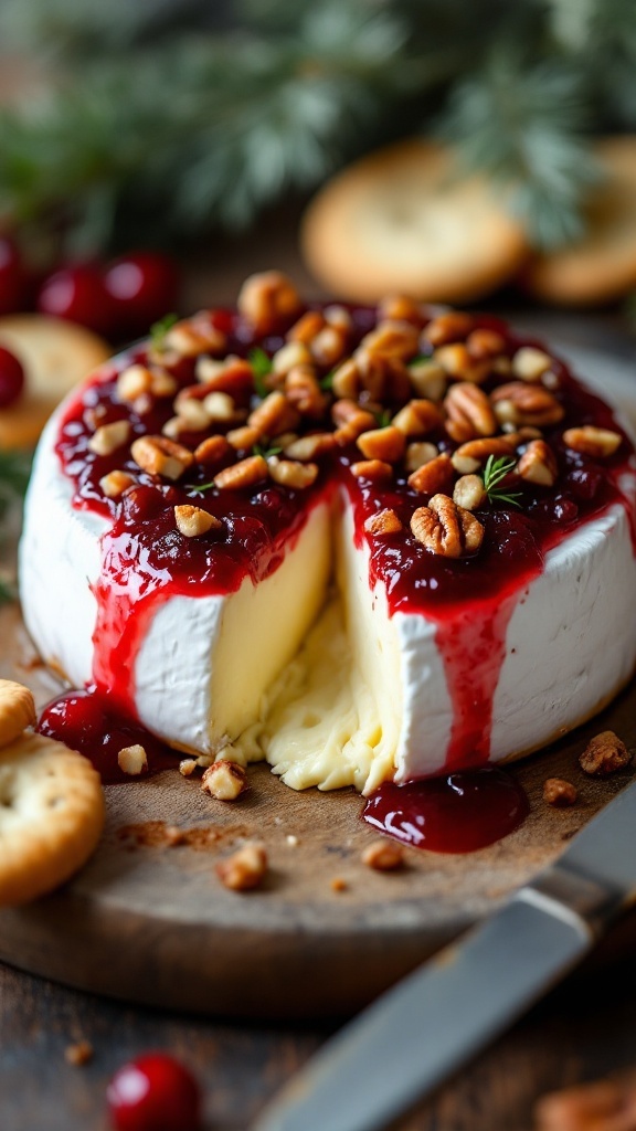 A round baked Brie topped with cranberry sauce and nuts, served with crackers.