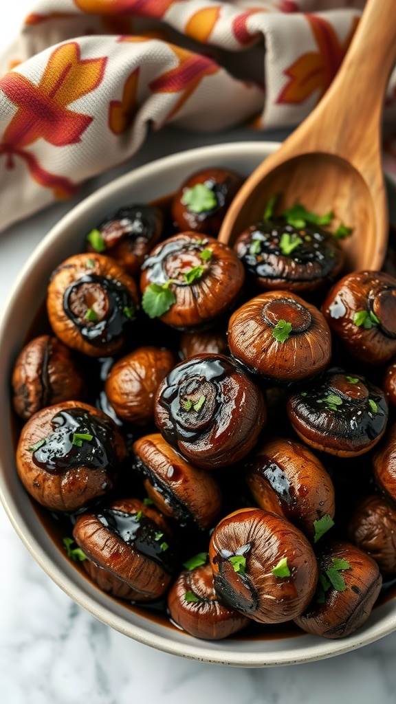 Balsamic glazed roasted mushrooms in a bowl with fresh herbs