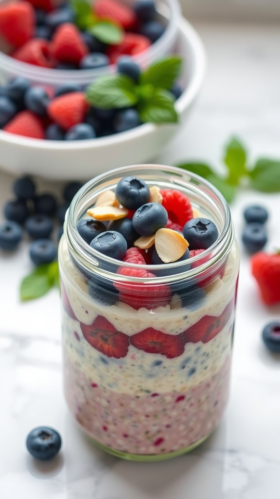 A jar filled with berry almond overnight oats topped with blueberries, raspberries, and sliced almonds.