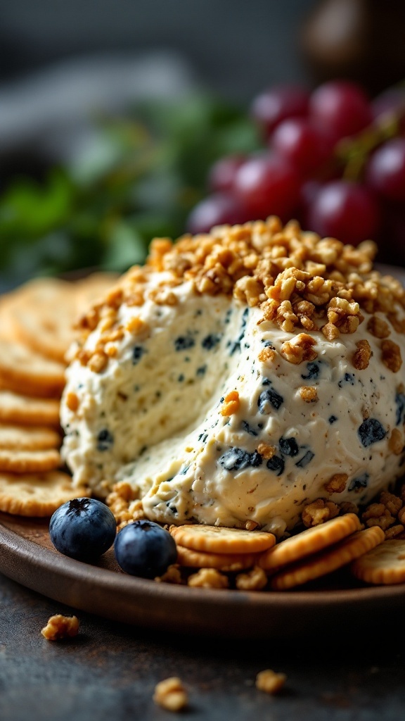 A blue cheese and walnut cheese ball served with crackers and grapes.