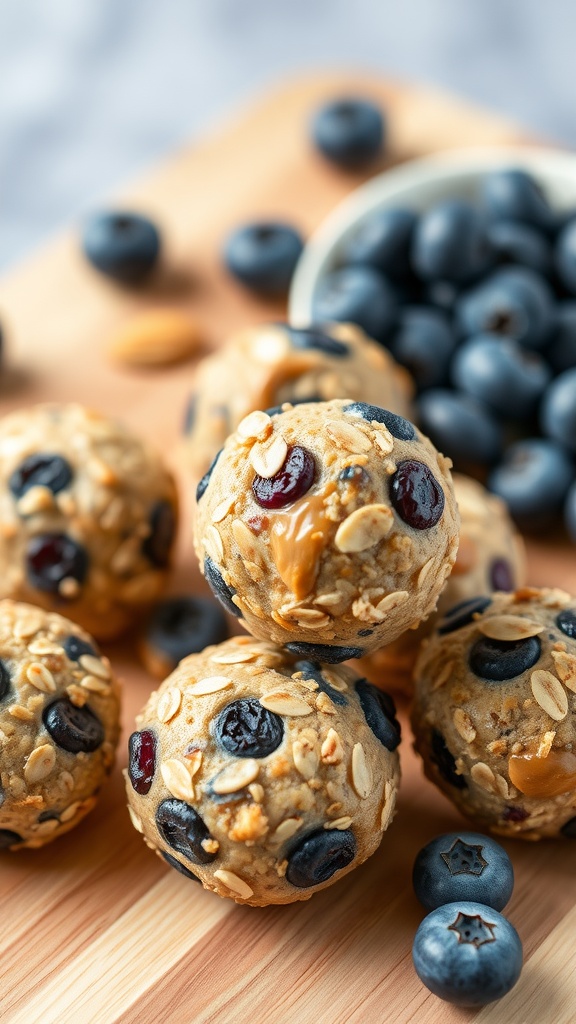 Blueberry Almond Protein Balls on a wooden surface