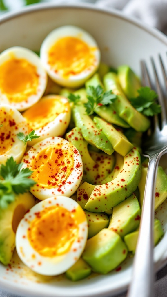 A bowl featuring sliced boiled eggs, avocado, and spices.