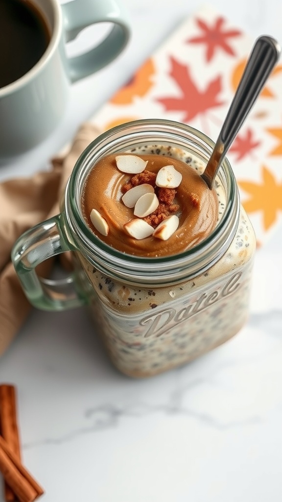 A jar of brown sugar cinnamon overnight oats topped with nuts and cinnamon.