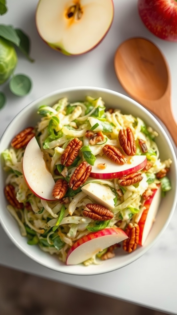 A bowl of Brussels sprout slaw topped with apple slices and pecans.