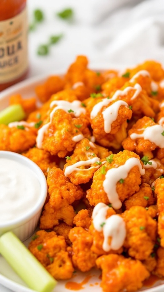 Buffalo cauliflower bites served with ranch dressing and celery.