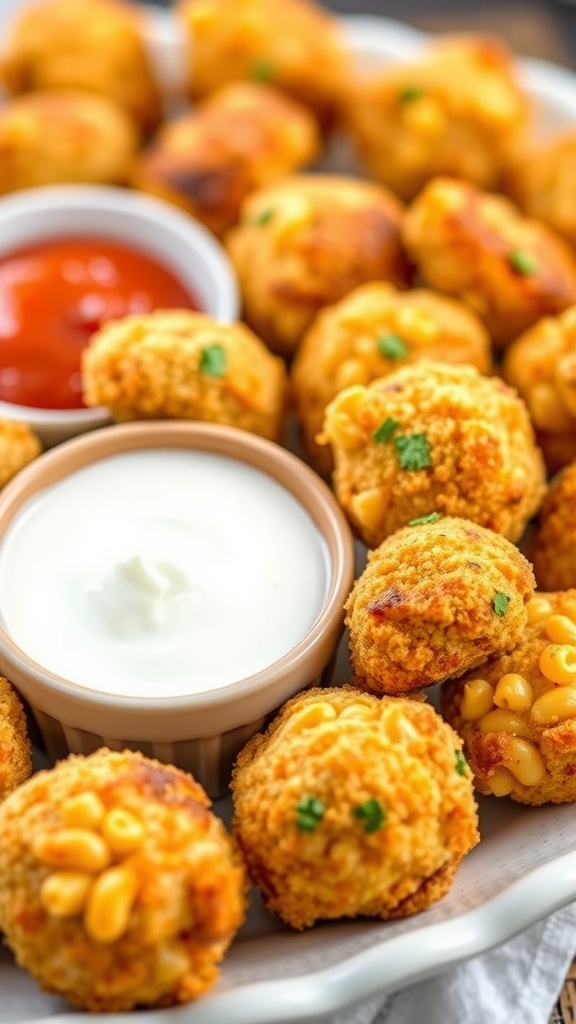 Buffalo Chicken Mac and Cheese Bites served with dipping sauces.
