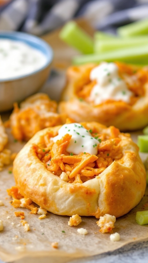 Buffalo Chicken Puff Pastry Squares with ranch dressing and celery