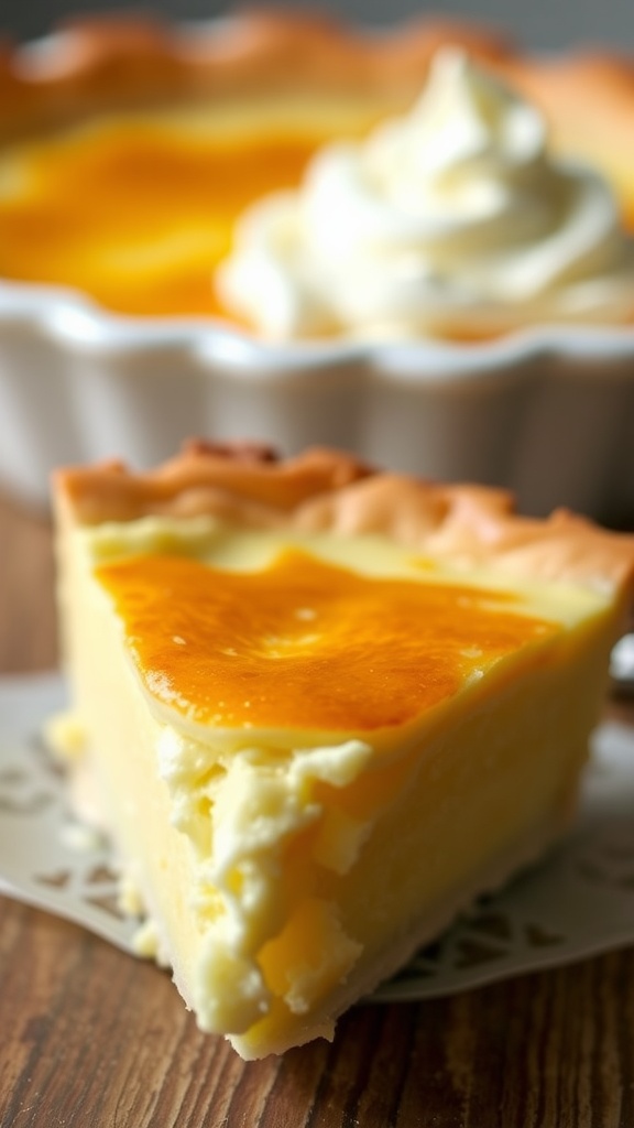 A slice of buttermilk pie with a creamy filling and flaky crust.