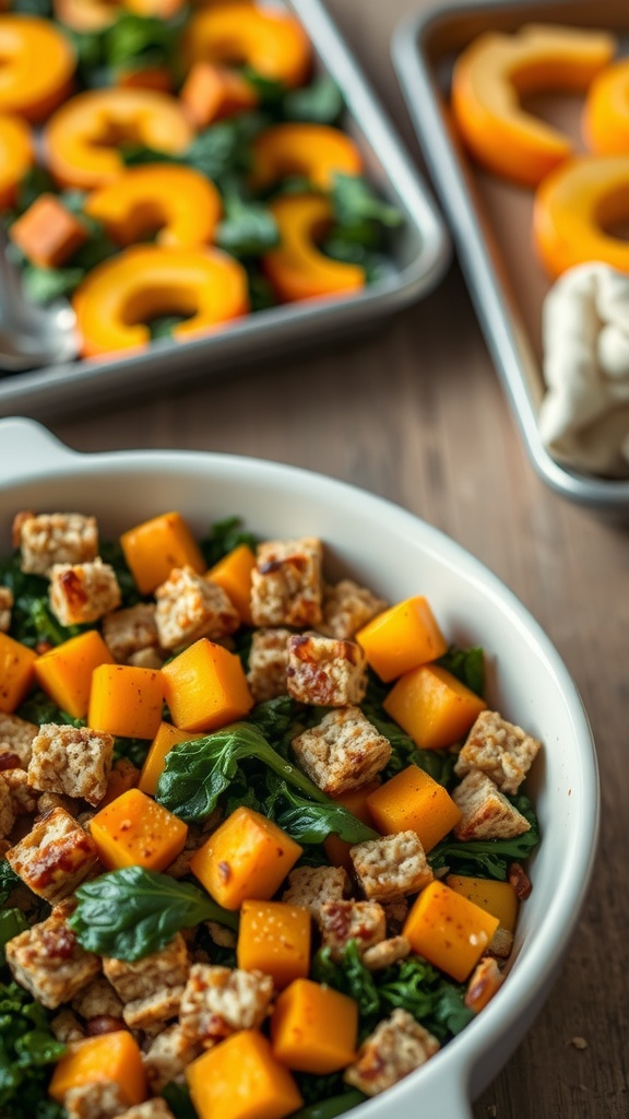A bowl of butternut squash and kale stuffing with bread cubes