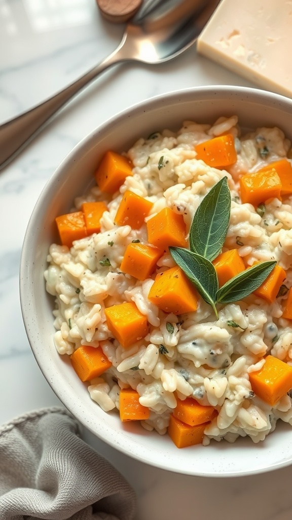 Creamy butternut squash risotto garnished with sage
