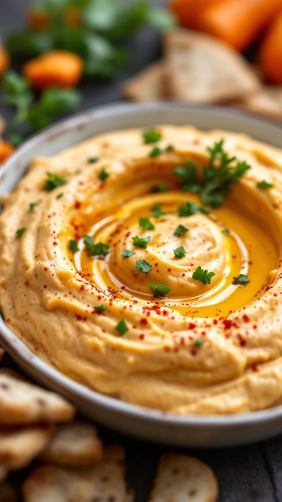 A bowl of creamy butternut squash hummus garnished with red pepper flakes, surrounded by crackers.