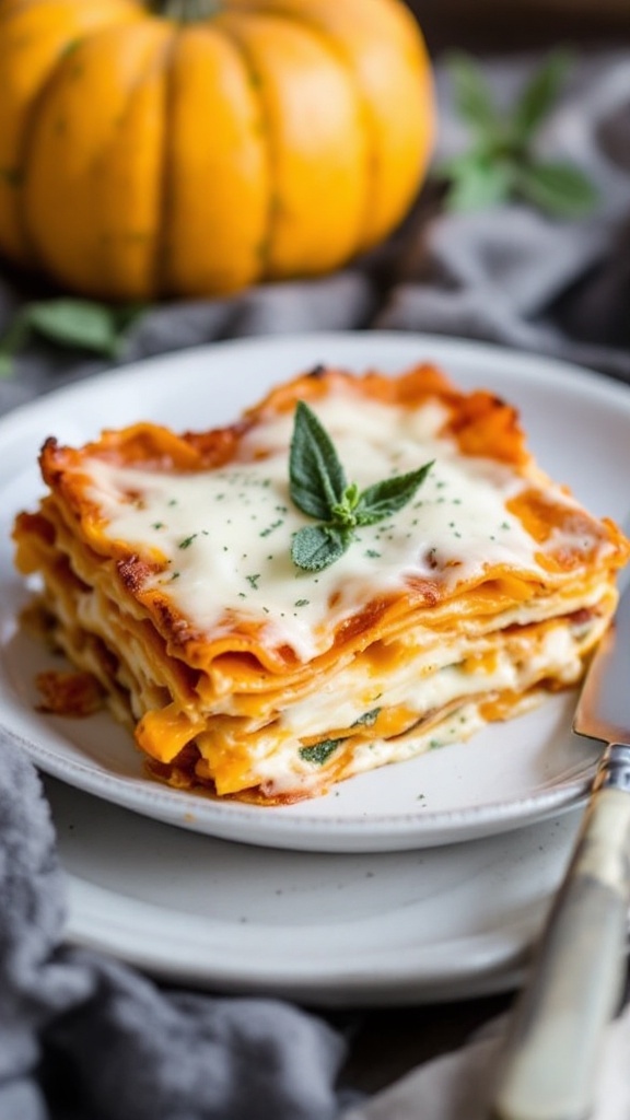 A serving of butternut squash lasagna garnished with herbs on a white plate.