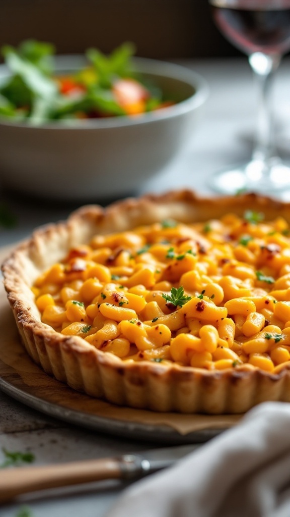 A creamy butternut squash mac and cheese tart served on a wooden table with a side salad.