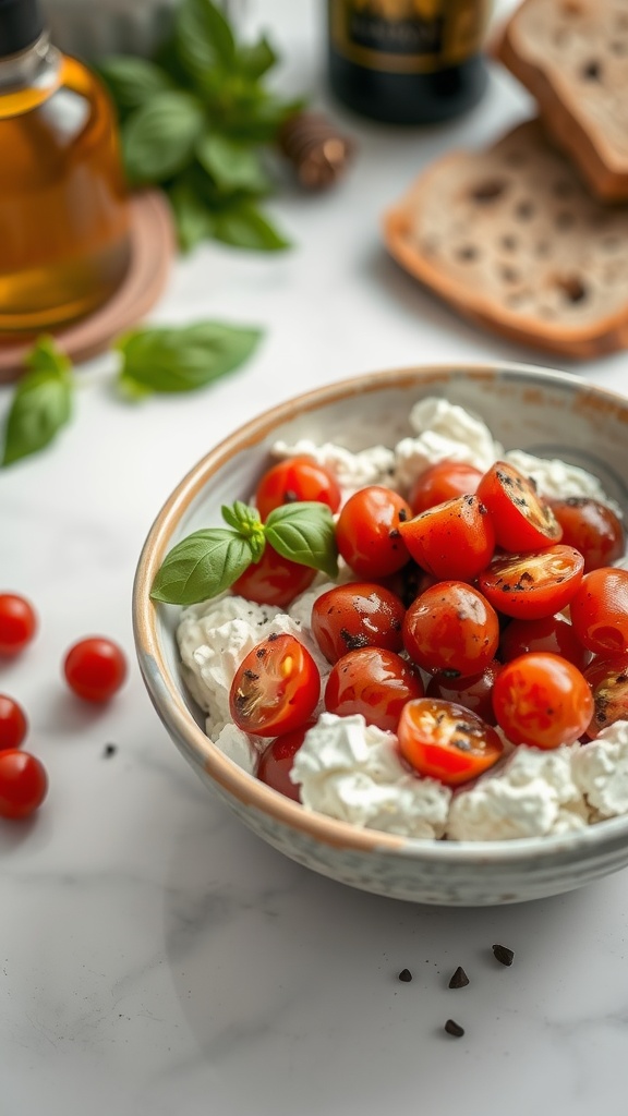 A fresh and vibrant Caprese cottage cheese bowl with cherry tomatoes, basil, and olive oil.