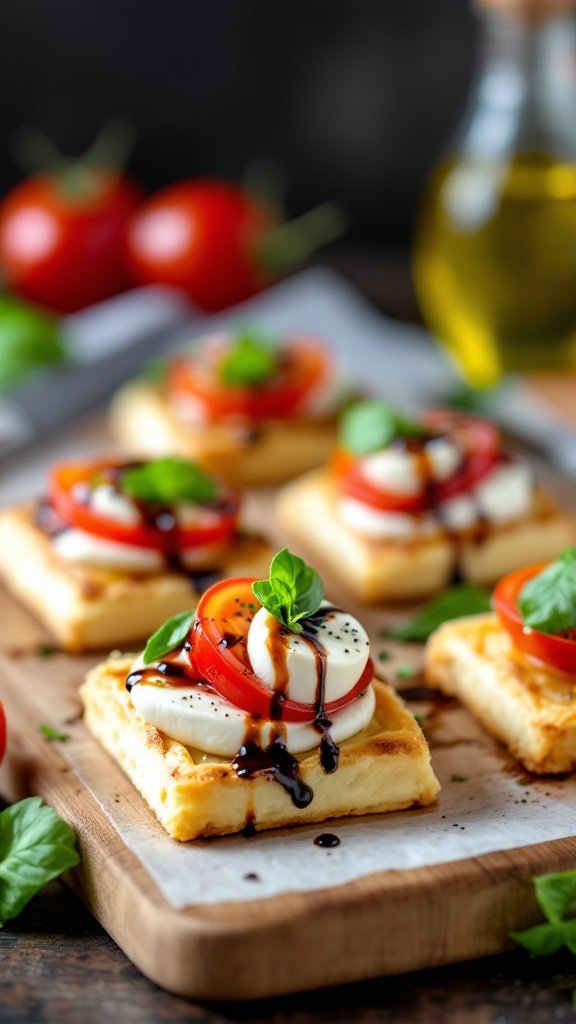 Caprese puff pastry tarts topped with fresh basil and tomatoes