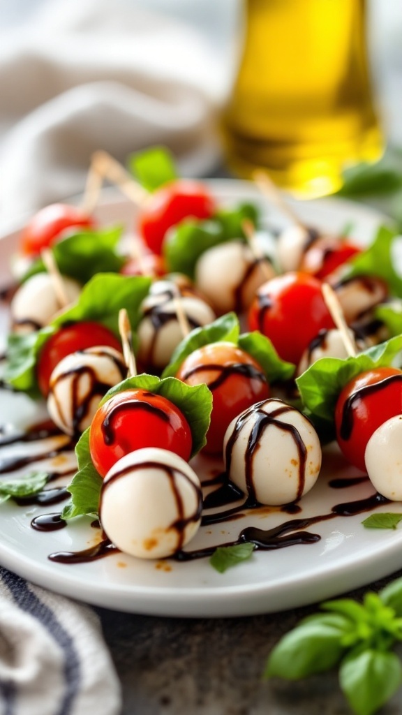 A platter of colorful Caprese skewers featuring cherry tomatoes, mozzarella balls, and fresh basil drizzled with balsamic glaze.