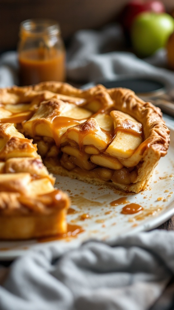 A delicious caramel apple pie with a golden crust and caramel drizzled on top.