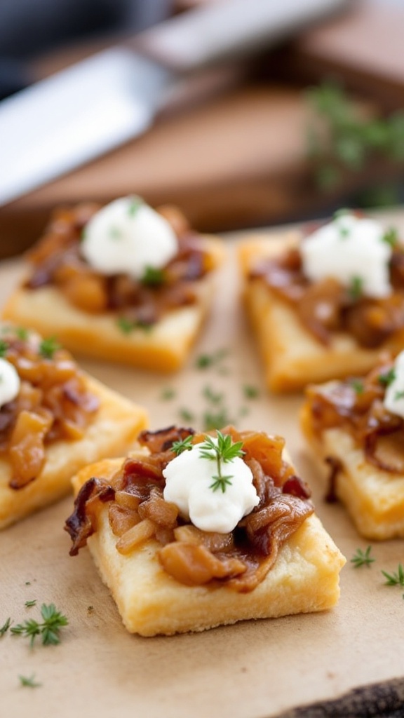 Delicious puff pastry bites topped with caramelized onions and goat cheese