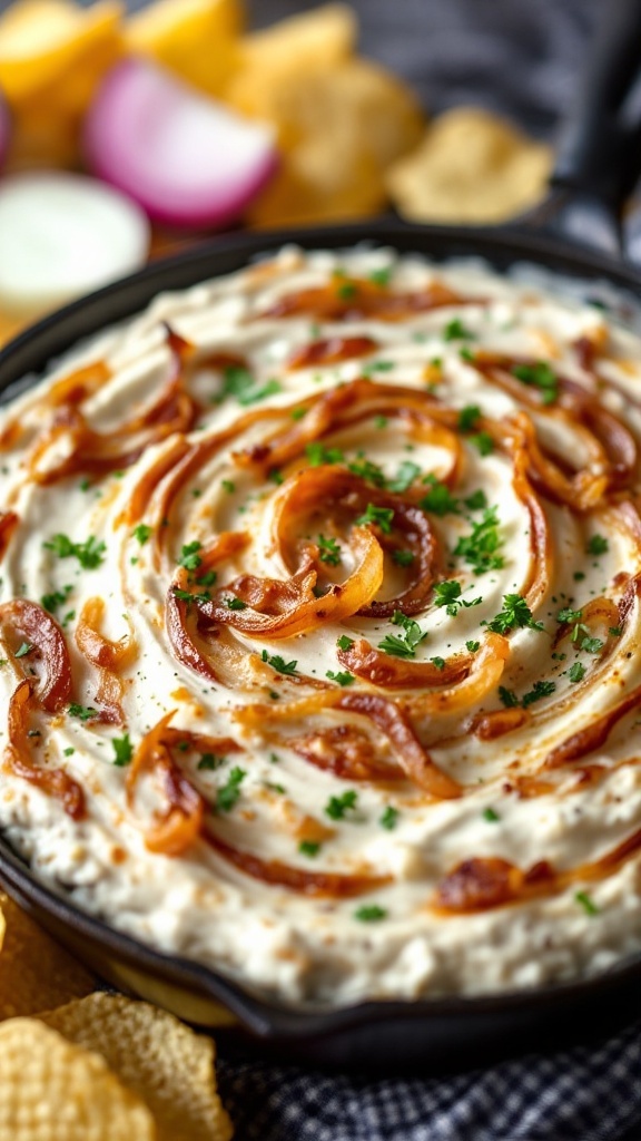 Creamy caramelized onion dip served with garnishes and dippers.