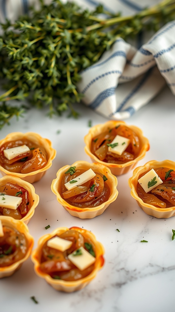 A close-up of caramelized onion tartlets garnished with herbs.