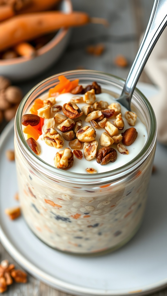 A bowl of carrot cake overnight oats topped with yogurt, nuts, and chopped carrots
