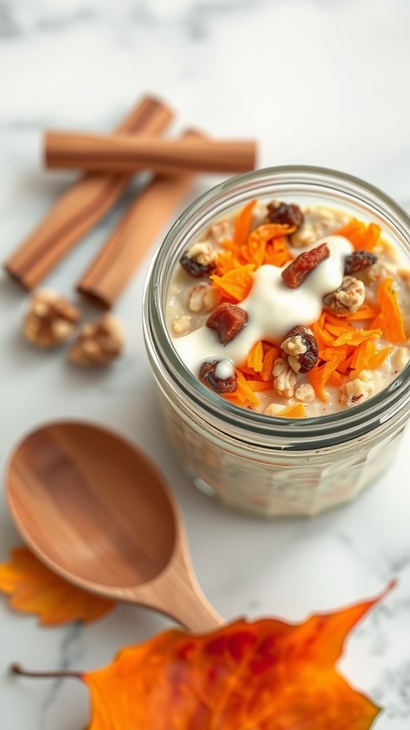 A jar of carrot cake overnight oats topped with grated carrots and nuts