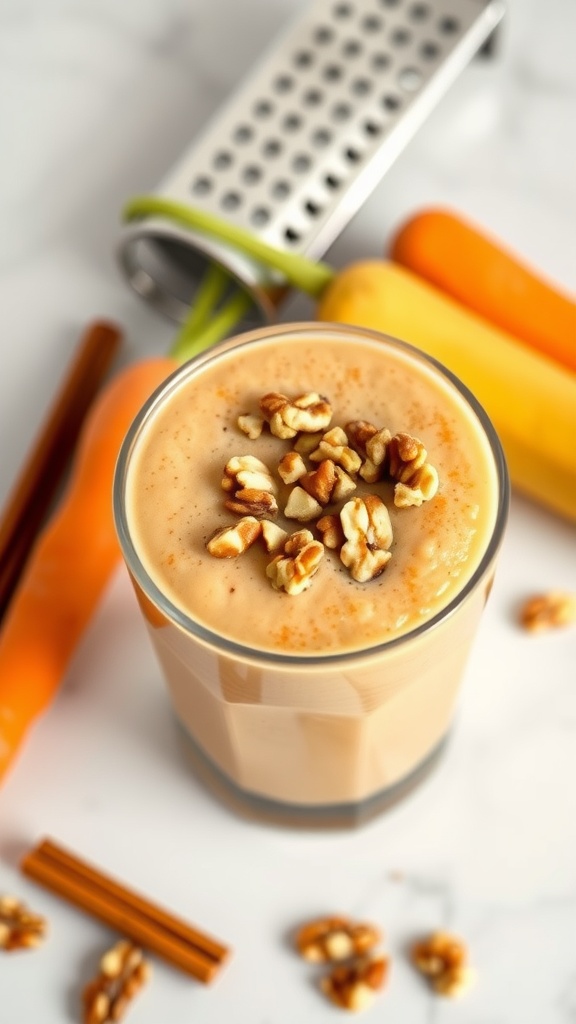 A creamy carrot cake smoothie topped with walnuts and spices, perfect for fall.
