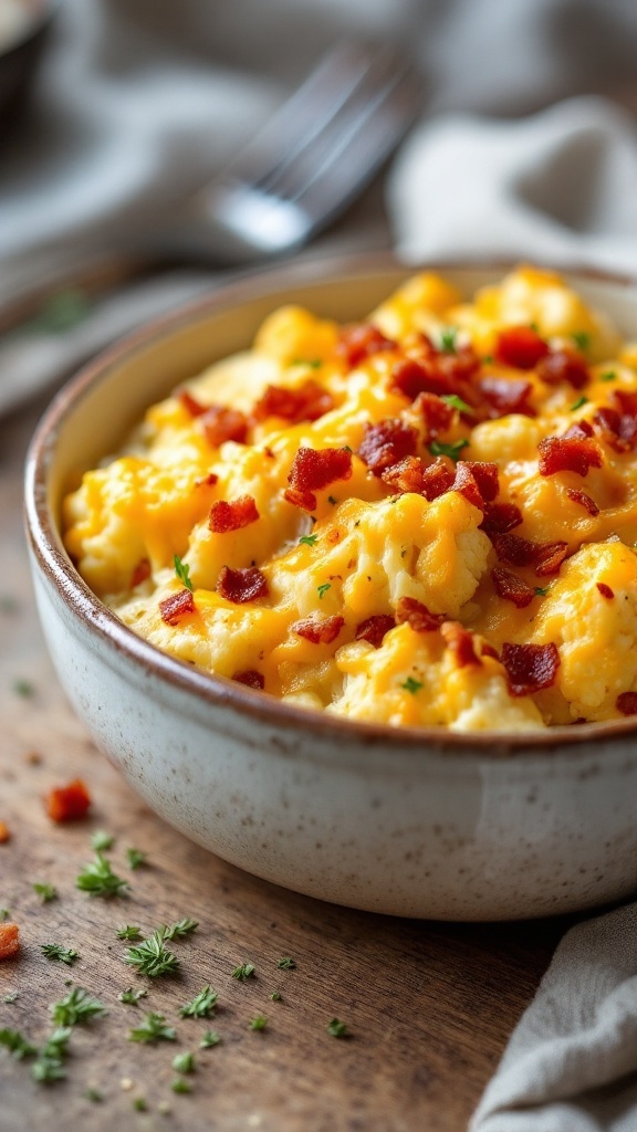 Bowl of Cauliflower Mac and Cheese topped with bacon bits
