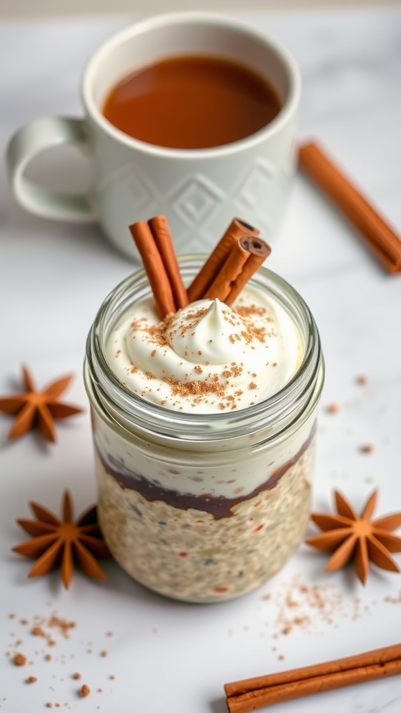 A jar of chai-spiced overnight oats topped with whipped cream, cinnamon, and a side of coffee.